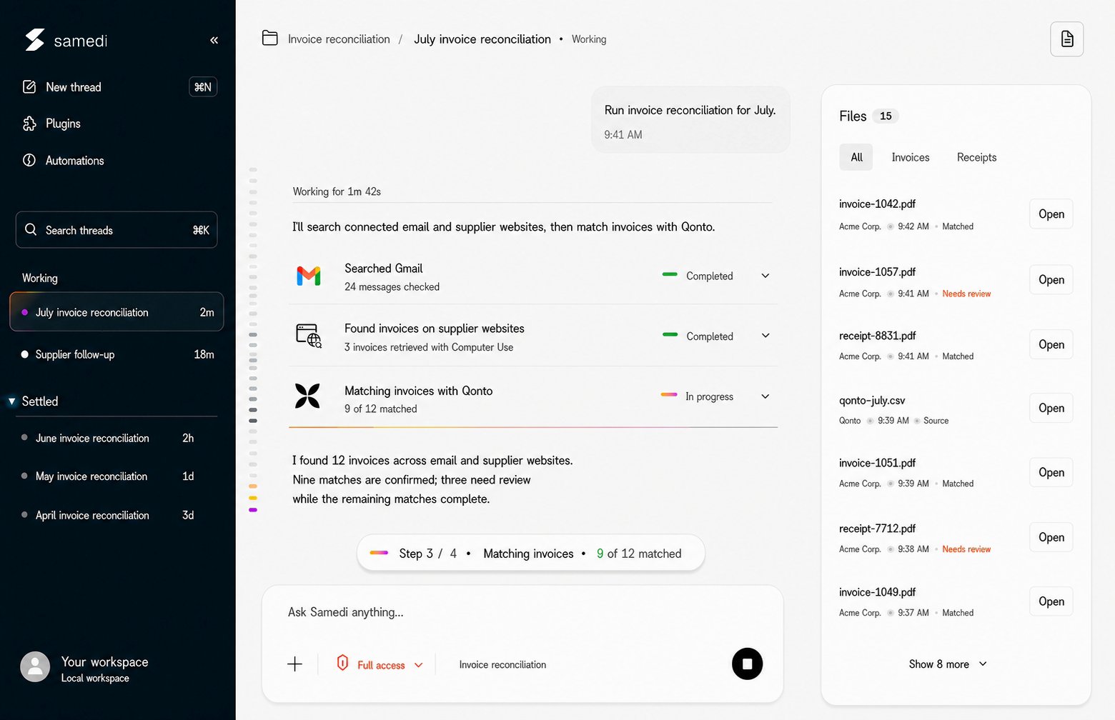 Samedi running an invoice reconciliation with a live activity thread